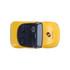 A yellow sports car-shaped stress reliever with a black top and a logo on the side.