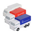 A set of three van-shaped stress relievers in white, red, and blue, each featuring a logo.