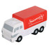A goods van-shaped stress reliever in white and red, featuring a logo on the side.