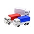 A collection of stress reliever toys shaped like delivery vans in red and blue on white vehicles.