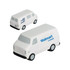 A white stress reliever shaped like a van, featuring small wheels and a logo.