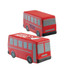 A red bus-shaped stress reliever with details on both sides and a logo on one side.