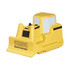 A yellow bulldozer-shaped stress reliever with a black base and branding on the side.