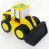 A yellow cartoon bulldozer-shaped stress reliever with a black scoop and a logo on the front.