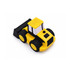 A yellow and black cartoon bulldozer shape stress reliever with a simple design and a logo on it.