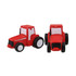 A red tractor-shaped stress reliever with black wheels, featuring a logo on its body.