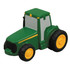 A green and yellow tractor-shaped stress reliever with a glossy finish and detailing on the body.