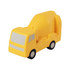 A yellow cement mixer car-shaped stress reliever with black wheels and a smooth finish. It features a logo on it.