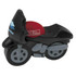 A black and grey motorbike-shaped stress reliever with a red seat and a logo on the side.