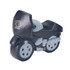 A black and grey motorcycle-shaped stress reliever, featuring a logo on the side.