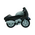 A black and grey motorbike-shaped stress reliever with wheels and a detailed design. Features a logo.