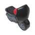 A black and grey motorbike-shaped stress reliever with a red seat, featuring a logo on the side.