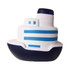 A ship-shaped stress reliever, featuring a white and navy design with blue stripes. It has a logo on the side.