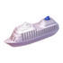 A white and blue cruise ship-shaped stress reliever with a detailed design and a branding logo.