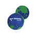 A stress ball shaped like Earth, featuring blue and green colours with a logo.