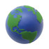 A blue and green Earth-shaped stress reliever with a smooth texture and a small branding logo.