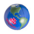 A blue and green stress ball shaped like Earth with a logo on one side.