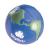 A blue and green stress ball shaped like the Earth, featuring a logo on one side.