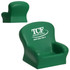 A green stress reliever in the shape of a seat, featuring a logo on one side.