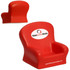 A red chair-shaped stress reliever with a logo, designed for fun and relaxation.