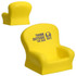 A yellow stress reliever shaped like a small chair, featuring a logo on one side.