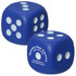 A blue dice-shaped stress reliever with white dots, featuring a logo on one side.