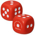 A red dice-shaped stress reliever with white dots, featuring a logo on one side.