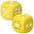 A yellow dice-shaped stress reliever with white dots and a logo on one side.