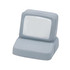 A grey computer-shaped stress reliever with a textured keyboard and smooth screen area. It has a simple design and a logo.