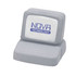 A grey computer-shaped stress reliever with a logo on the screen and a textured keyboard design.