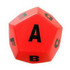 A red dodecagon-shaped stress reliever with black letters A, B, C, D, E, F, G, H, I, J, K, L, M.