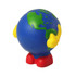 A blue and green stress ball in the shape of Earth, featuring yellow arms and red feet.