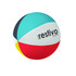 A multicoloured beach ball shaped stress reliever featuring blue, red, yellow, and white sections, with a branding logo.