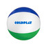 A colourful beach ball-shaped stress reliever with blue, white, and green sections, featuring a logo.