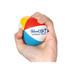 A hand squeezing a multi-colour stress ball in the shape of a beach ball, featuring a logo on one side.