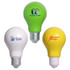A set of three bulb-shaped stress relievers in white, green, and yellow, each featuring a logo.