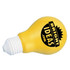 A yellow bulb-shaped stress reliever with a white base, featuring a logo.