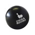 A black bowling ball-shaped stress reliever featuring a logo on its surface.