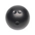 A black bowling ball-shaped stress reliever with three indents, featuring a simple design and a logo.