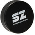 A black hockey puck shaped stress reliever with a logo on the front.