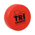 A red hockey puck-shaped stress reliever featuring a logo and a textured surface.