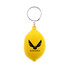 A yellow lemon-shaped stress reliever attached to a metal keyring, featuring a black logo.