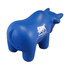A blue bull-shaped stress reliever with a logo on one side.