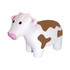 A white and brown cow-shaped stress reliever with a friendly expression. The product has a simple design and a logo.