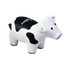 A stress reliever in the shape of a white and black cow with a cute facial design and a logo on its side.
