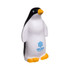 A penguin-shaped stress reliever in black and white with a yellow beak and feet, featuring a logo on the side.
