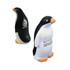 A penguin-shaped stress reliever in black and white, featuring a logo on its side.