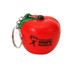 A red apple-shaped stress reliever with a keyring attachment and a logo on one side. A red apple-shaped stress reliever with a keyring attachment and a logo on one side.