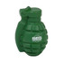 A green grenade-shaped stress reliever with a logo, designed for fun and stress relief.