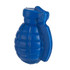 A blue grenade-shaped stress reliever with a textured surface and a pull pin design, featuring a logo.